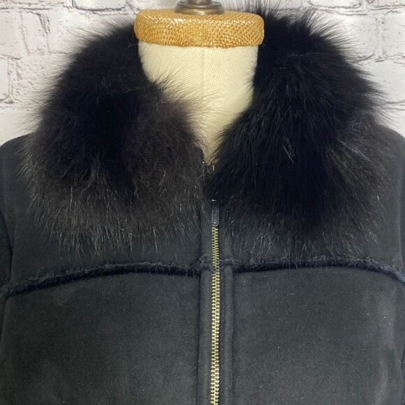Wilson's Leather Faux Suede Real Fox Fur Removable Collar Zip-Up Jacket Coat Bla - Picture 3 of 15